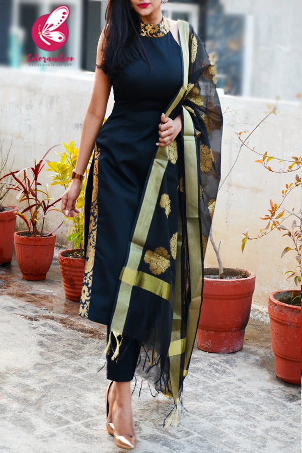 Black Cotton Silk Golden Brocade Padded Kurti with Black Cotton Silk Pants and Black Chanderi Dupatta