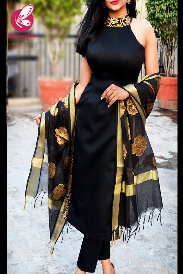 Black Cotton Silk Golden Brocade Padded Kurti with Black Cotton Silk Pants and Black Chanderi Dupatta