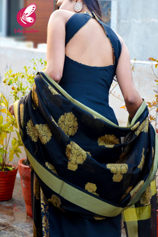 Black Cotton Silk Golden Brocade Padded Kurti with Black Cotton Silk Pants and Black Chanderi Dupatta