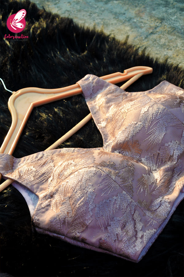 Mauve Beige Embroidered Net V-Neck Front-Back Neck Padded Blouse