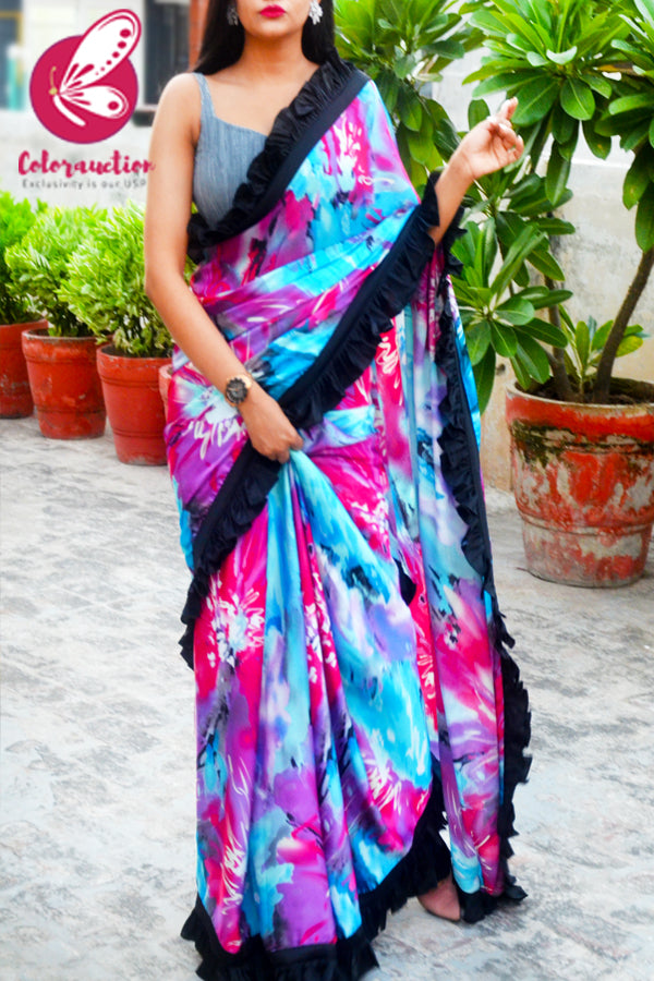 Muticoloured Satin Ruffle Black Satin Taping Saree