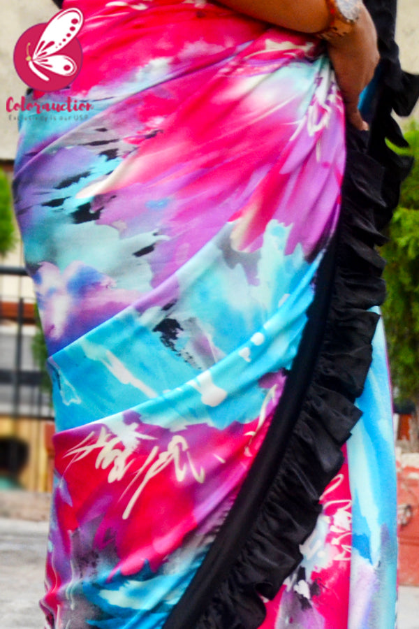 Muticoloured Satin Ruffle Black Satin Taping Saree