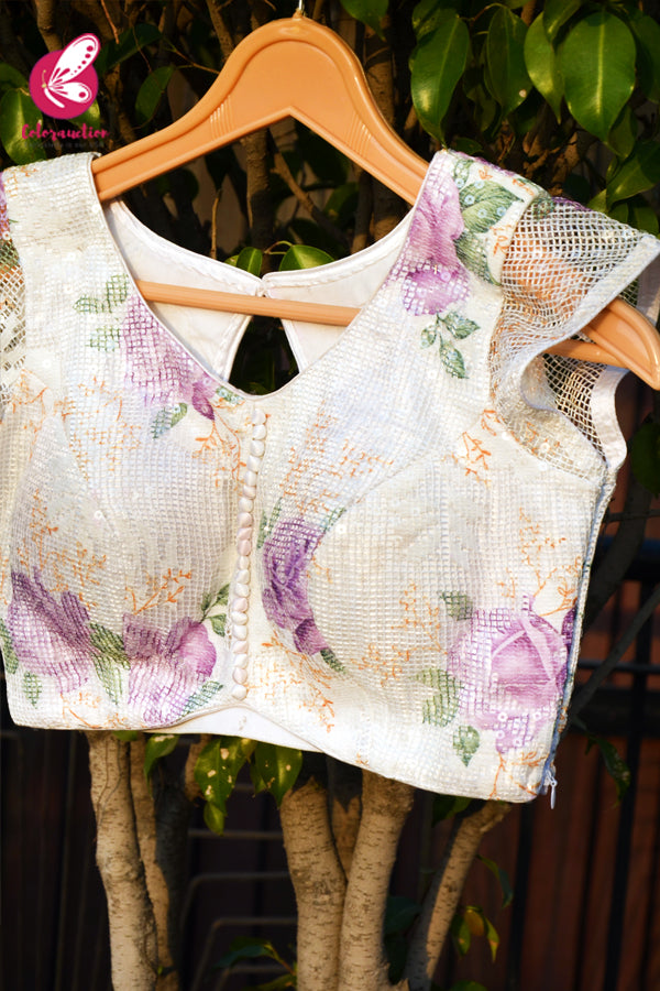 White Printed Floral Sequins Net Blouse