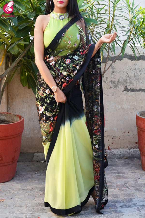 Lime Green &amp; Black Double Shaded Georgette Net Satin Taping Saree