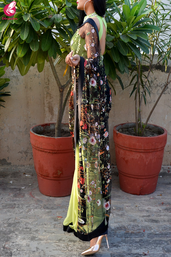 Lime Green &amp; Black Double Shaded Georgette Net Satin Taping Saree