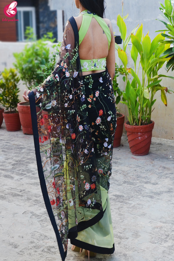 Lime Green &amp; Black Double Shaded Georgette Net Satin Taping Saree