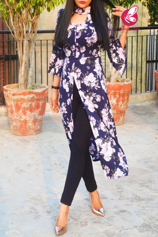 Blue Crepe Printed Floral Quarter Sleeves Front Slit Kurti