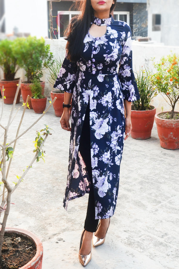 Blue Crepe Printed Floral Quarter Sleeves Front Slit Kurti