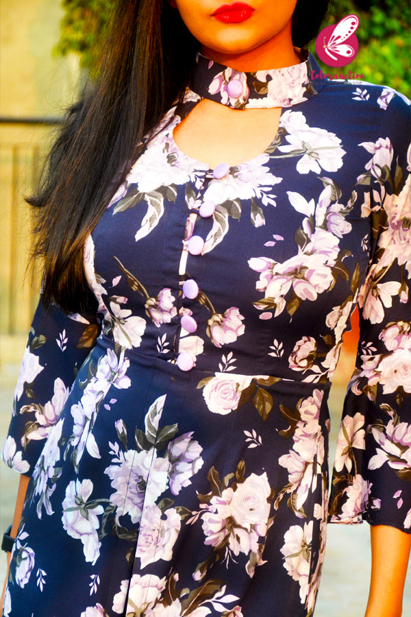 Blue Crepe Printed Floral Quarter Sleeves Front Slit Kurti