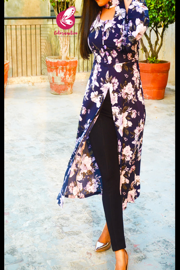 Blue Crepe Printed Floral Quarter Sleeves Front Slit Kurti