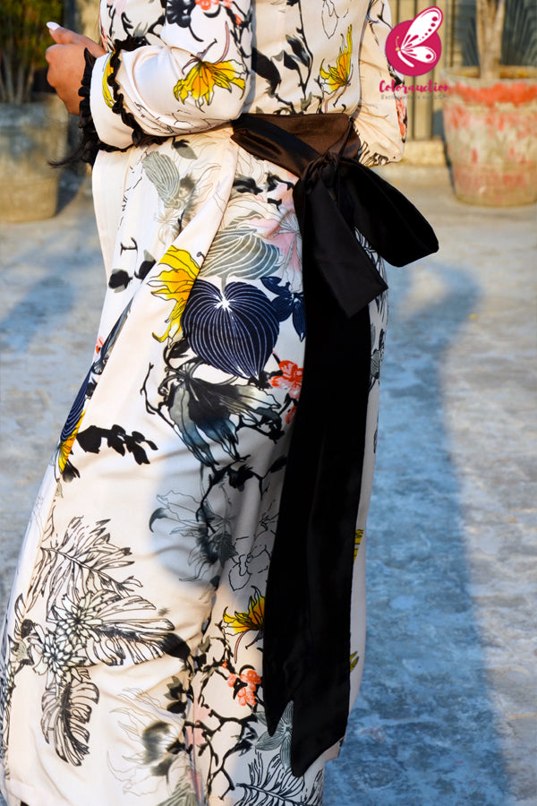 Multicoloured Printed Crepe Black Satin Collar Open Front Long Shrug