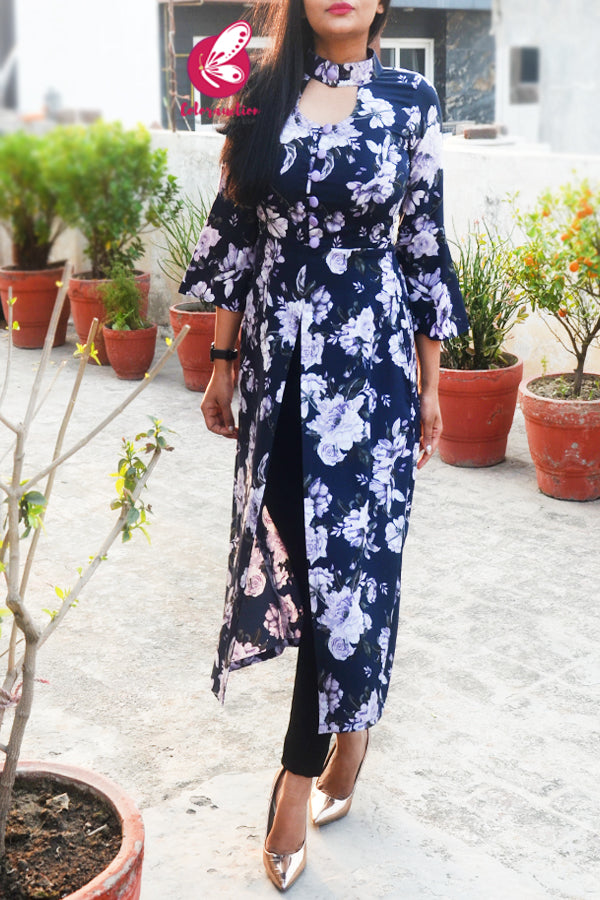 Blue Crepe Printed Floral Quarter Sleeves Front Slit Kurti
