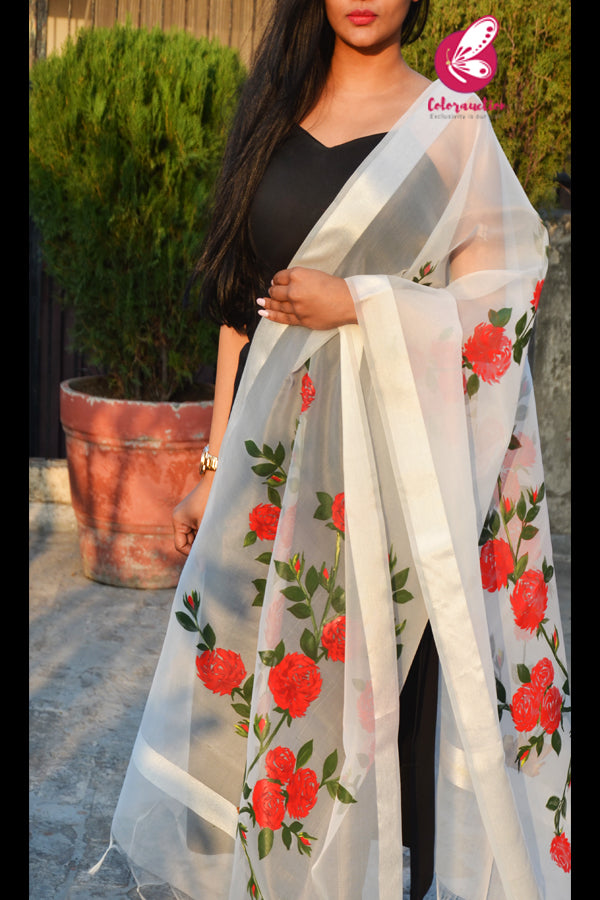 Off White Red Roses Pure Organza Stole