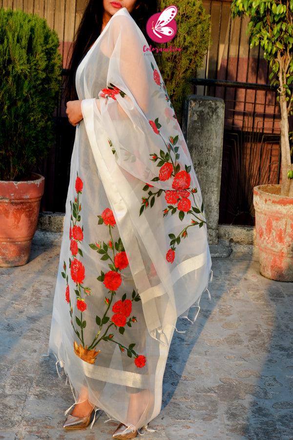 Off White Red Roses Pure Organza Stole