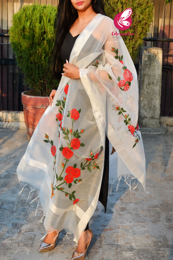 Off White Red Roses Pure Organza Stole