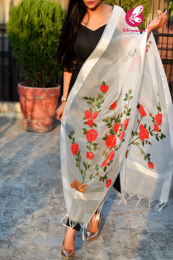 Off White Red Roses Pure Organza Stole