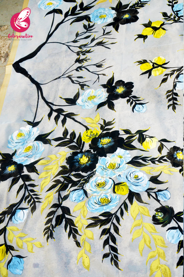Off White Floral Pure Organza Handpainted Stole