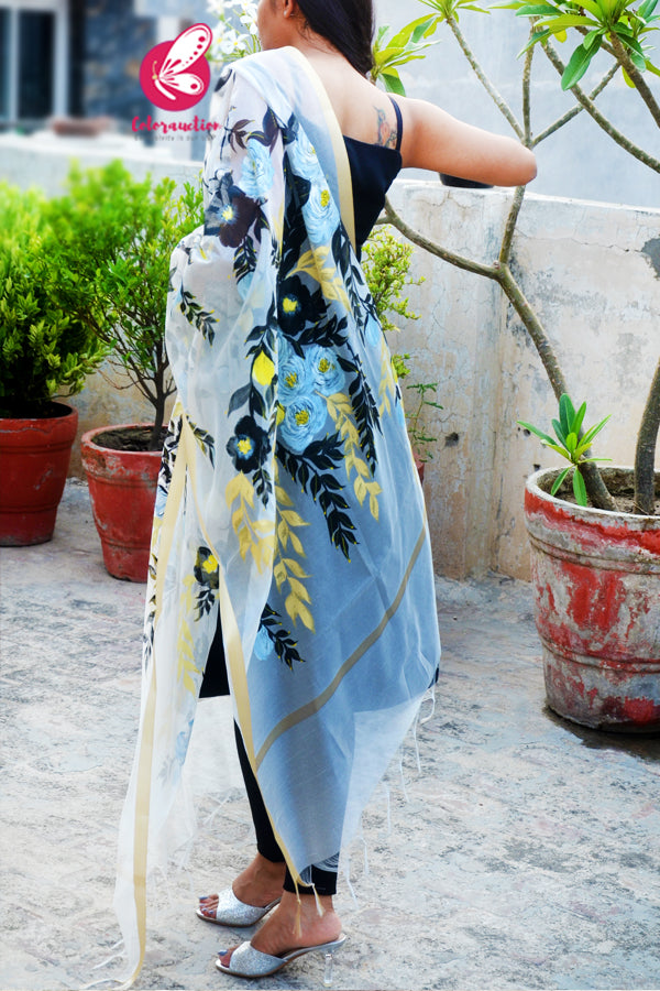Off White Floral Pure Organza Handpainted Stole