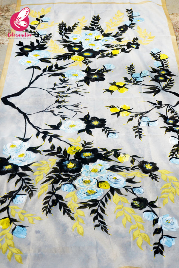 Off White Floral Pure Organza Handpainted Stole