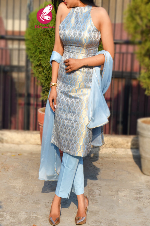 Ice Blue & Golden Brocade Motifs Padded Kurti with Ice Blue Cotton Silk Pants and Ice Blue Lace Stole