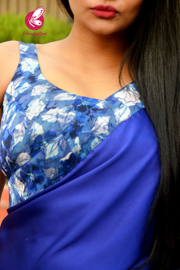 Blue Satin Floral Print Taping Saree