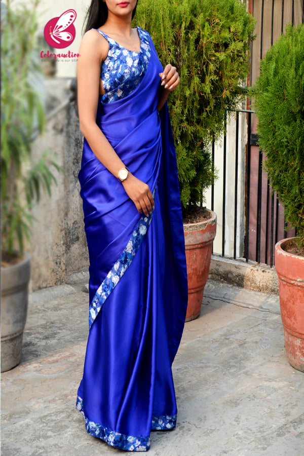Blue Satin Floral Print Taping Saree