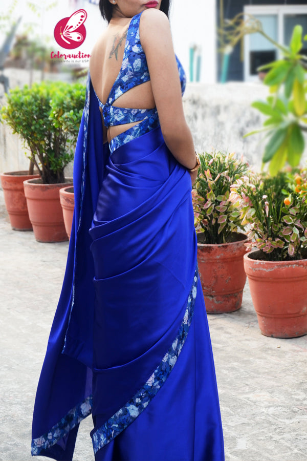 Blue Satin Floral Print Taping Saree