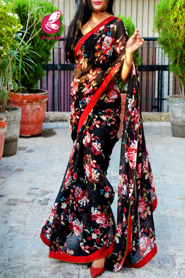 Black Printed Chiffon Maroon Dupion Taping Saree