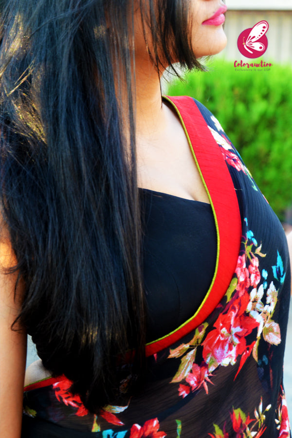 Black Printed Chiffon Maroon Dupion Taping Saree