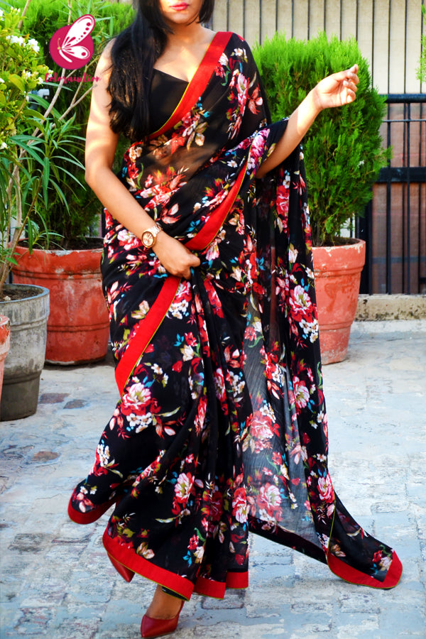 Black Printed Chiffon Maroon Dupion Taping Saree