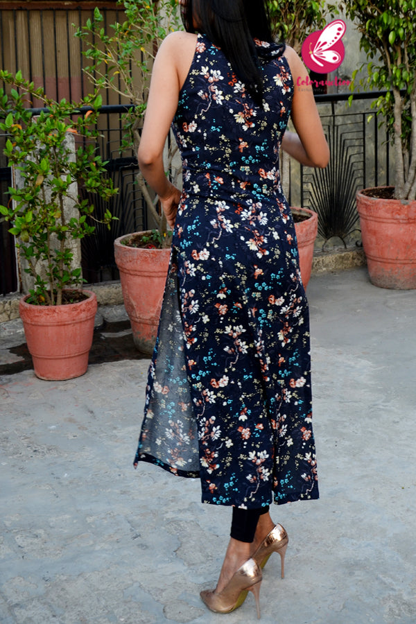 Blue Multicoloured Halter Neck Rayon Kurti