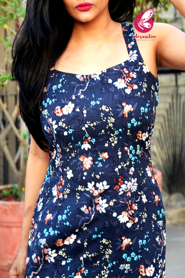 Blue Multicoloured Halter Neck Rayon Kurti