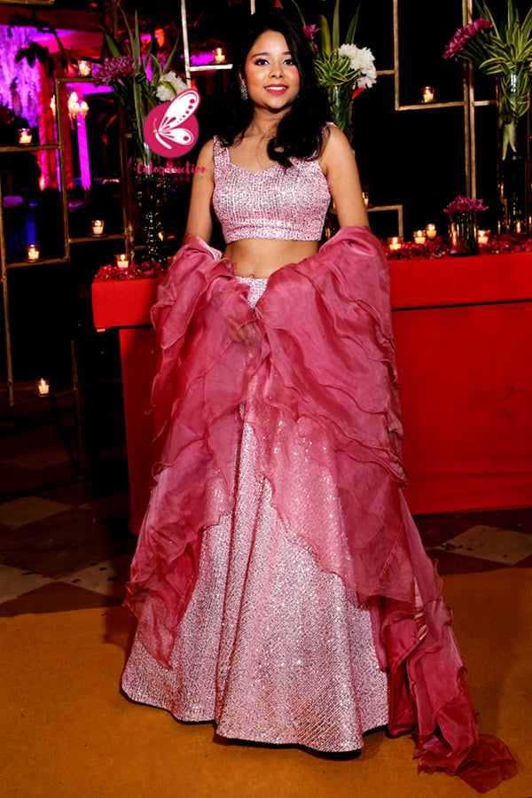 Pink Sequins Net Lehenga with Pink Organza Five-Tier Ruffle Dupatta