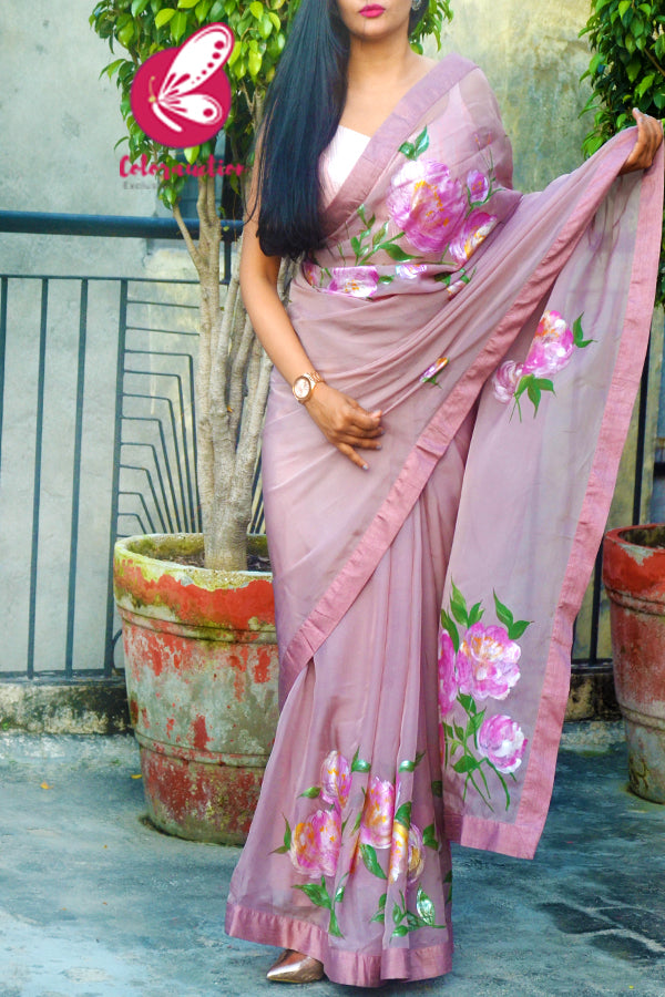 Light Mauve Hand-painted Organza Georgette Dupion Taping Saree