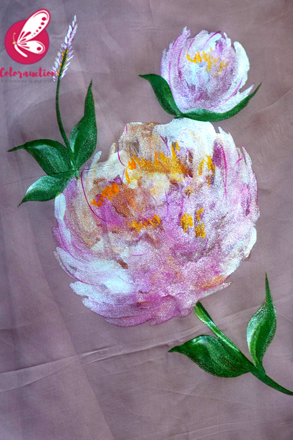 Light Mauve Hand-painted Organza Georgette Dupion Taping Saree
