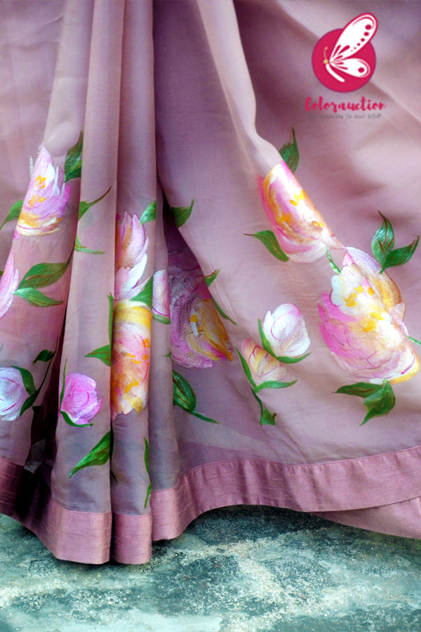 Light Mauve Hand-painted Organza Georgette Dupion Taping Saree