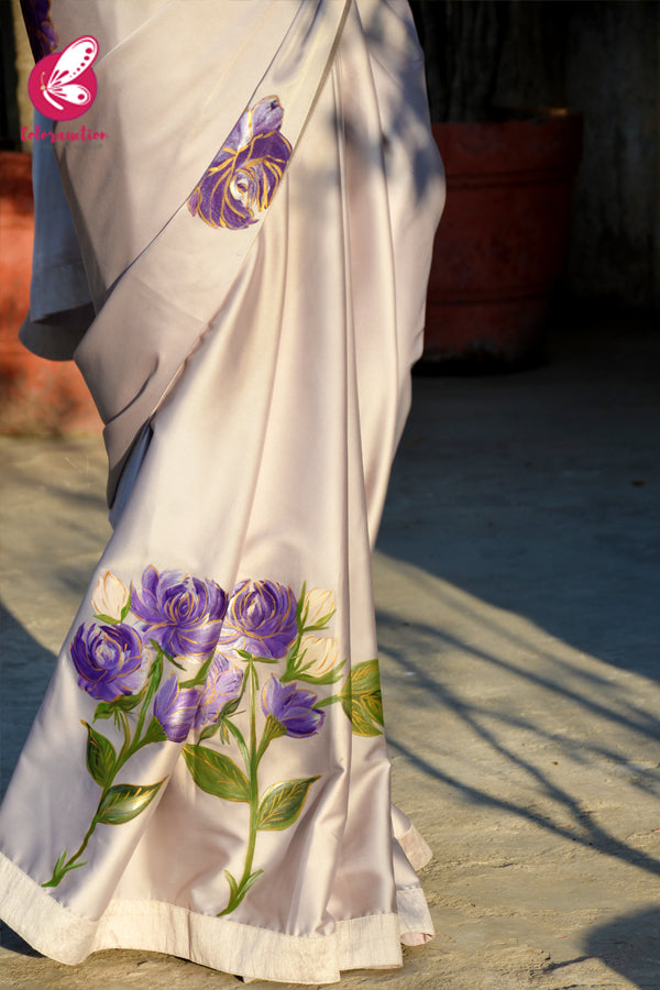 Pastel Grey Purple Golden Handpainted Pure Satin Dupion Taping Saree