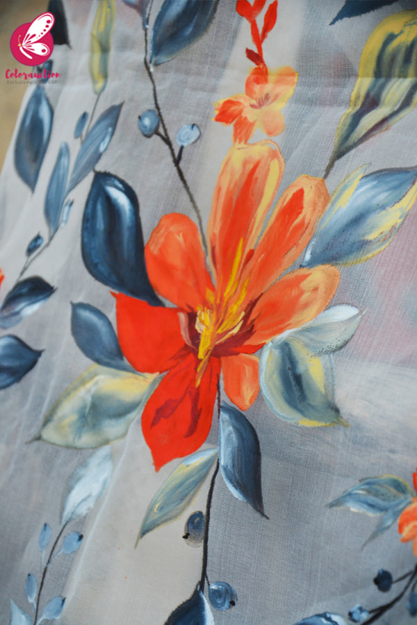 Off White Orange Red Floral Pure Organza Stole