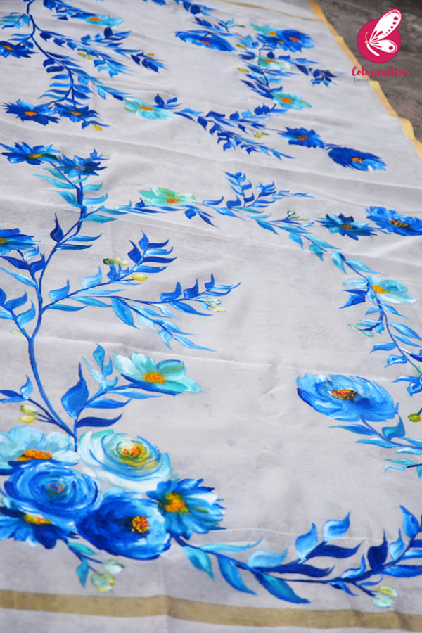 Off White Blue Roses Pure Organza Floral Handpainted Stole