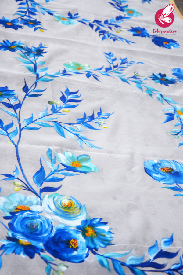 Off White Blue Roses Pure Organza Floral Handpainted Stole