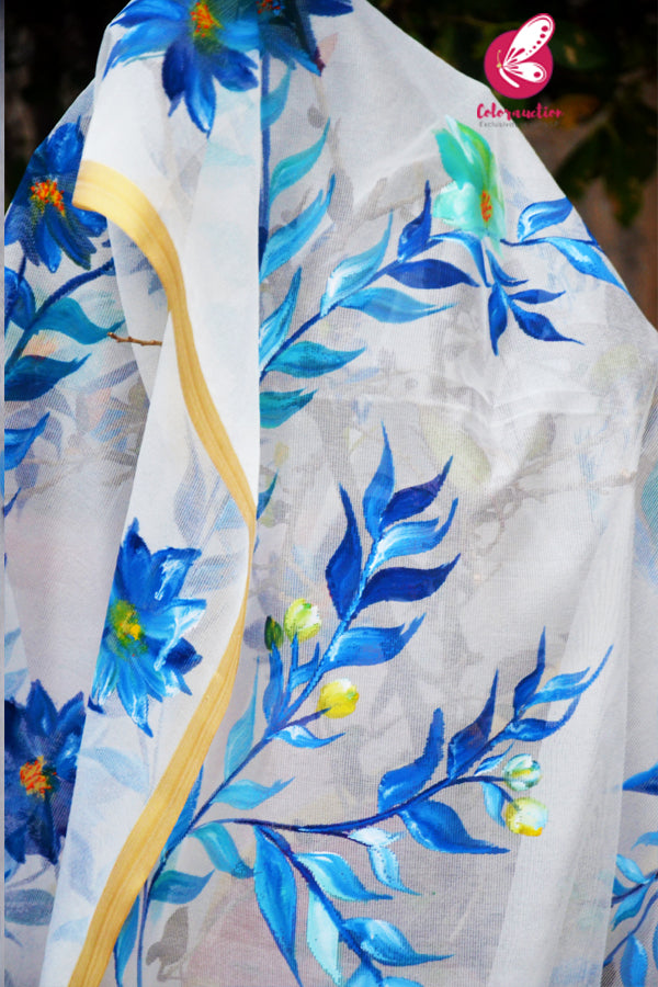 Off White Blue Roses Pure Organza Floral Handpainted Stole