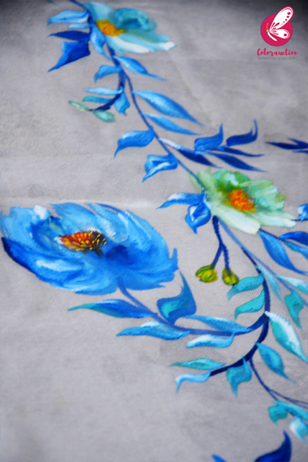 Off White Blue Roses Pure Organza Floral Handpainted Stole