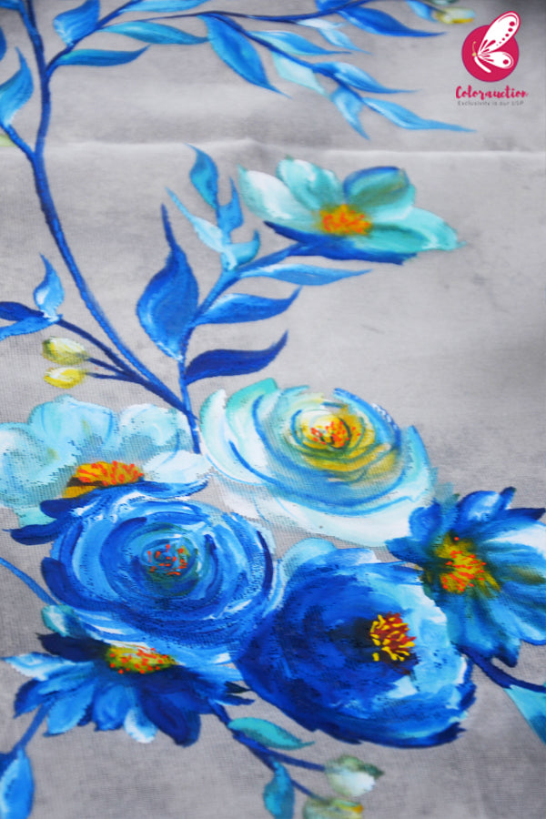 Off White Blue Roses Pure Organza Floral Handpainted Stole