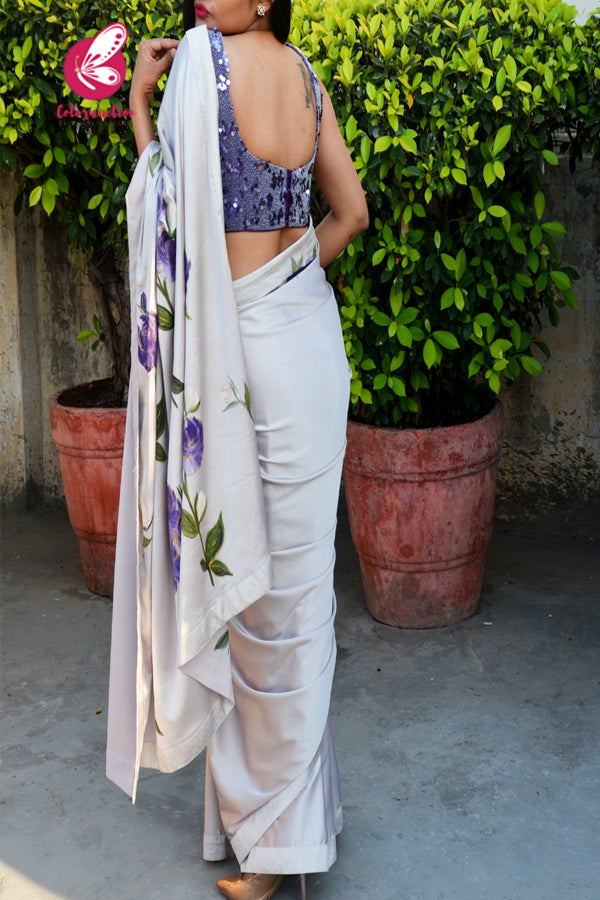 Pastel Grey Purple Golden Handpainted Pure Satin Dupion Taping Saree