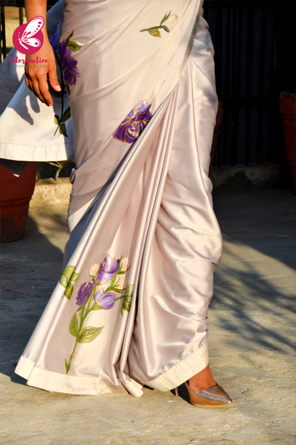 Pastel Grey Purple Golden Handpainted Pure Satin Dupion Taping Saree