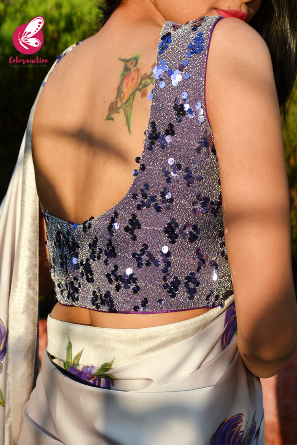 Pastel Grey Purple Golden Handpainted Pure Satin Dupion Taping Saree