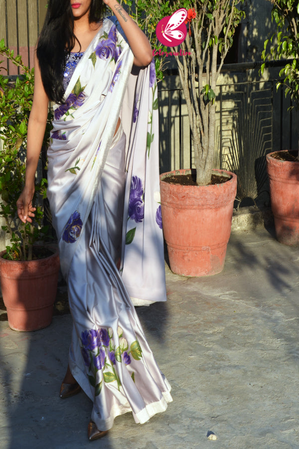 Pastel Grey Purple Golden Handpainted Pure Satin Dupion Taping Saree