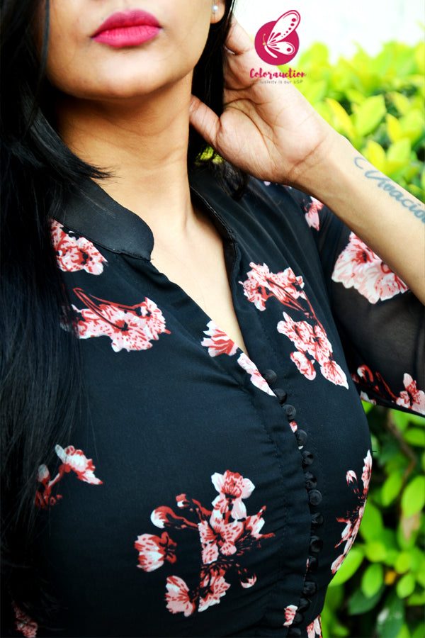 Black Printed Georgette Front Slit Quarter Sleeves Kurti
