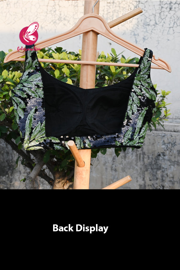 Black &amp; Green Sequins Padded Backless Blouse