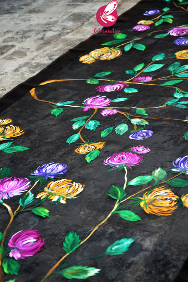 Black Pure Organza Multicoloured Floral Handpainted Stole